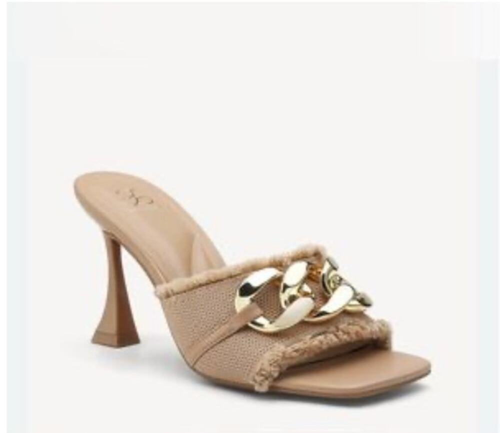 New Cosy Island Apricot Tan Mule Sandals Knit Square Toe Gold Chain Comfort 8.5